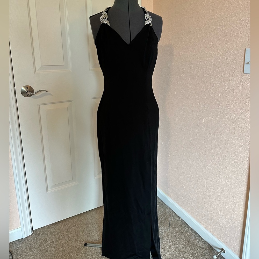 VTG Y2K Cache Black Maxi Silver Rhinestone Open Back Prom Black Tie Formal Dress